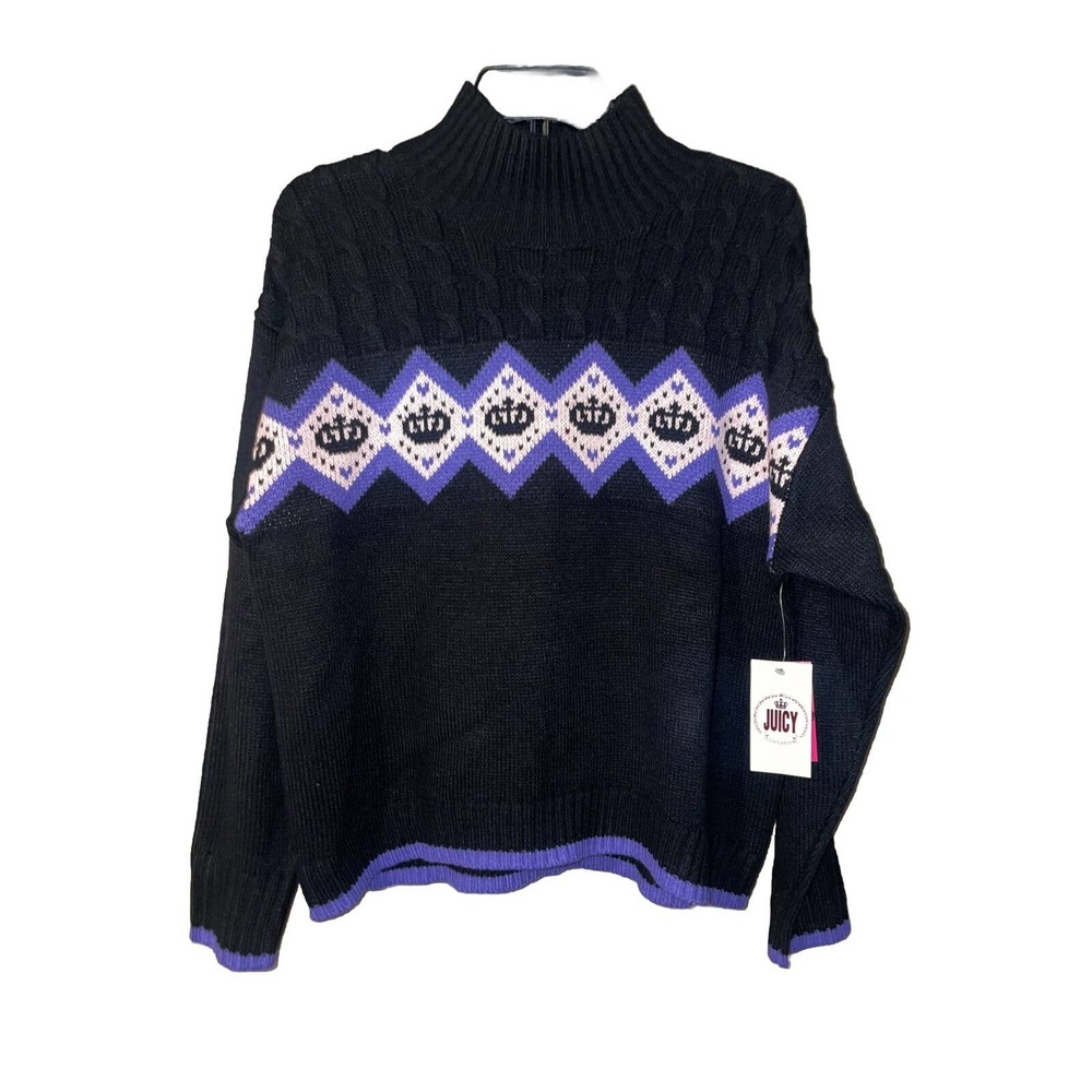 Juicy Couture Black & Purple Cable Knit Turtleneck Sweater
